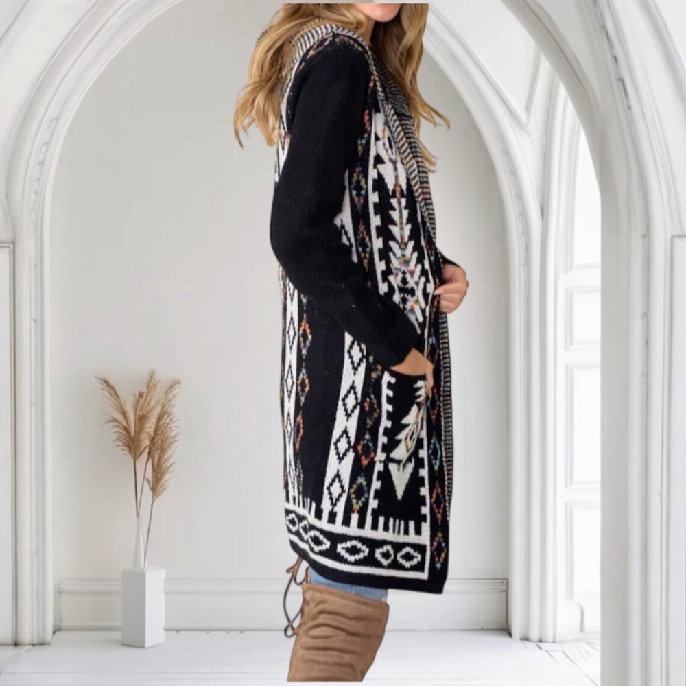 SOLD OUT Black Aztec Rainbow Western Hooded Knit Cardigan Long Sleeve Open - Picture 3 of 3
